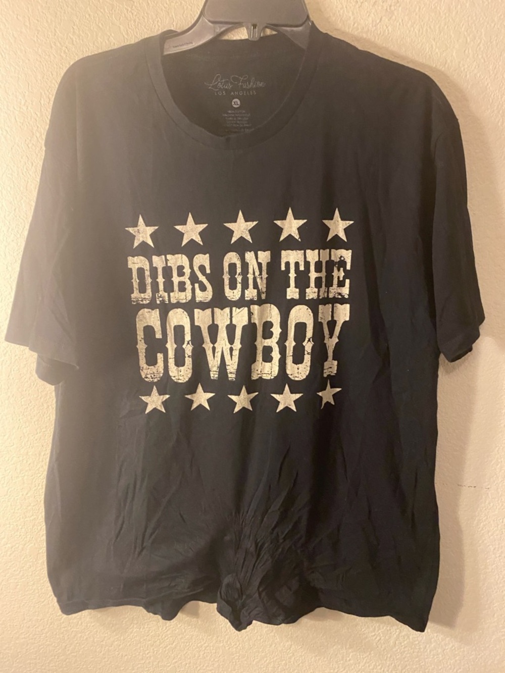 Loft Fashion Black Tee with White Star & Text Graphic - "Dibs On The Cowboy"